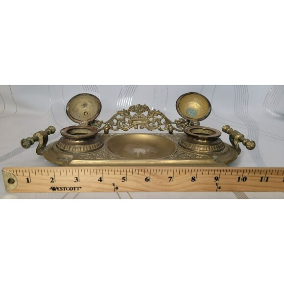 Vintage Ornate Double Ink Well Brass w Inserts Covers Decorative Desk Victorian - Picture 9 of 11
